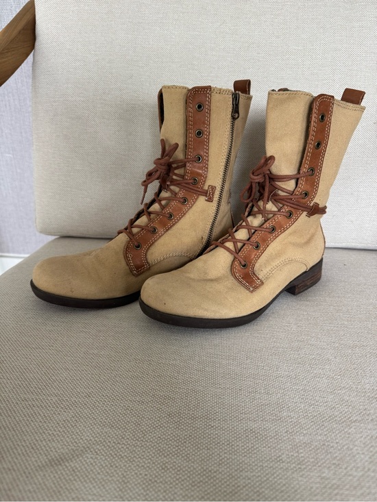 Seychelles Shoes - Seychelles Canvas & Leather Lace-Up Combat Boots Tan Beige Floral Lined 8.5